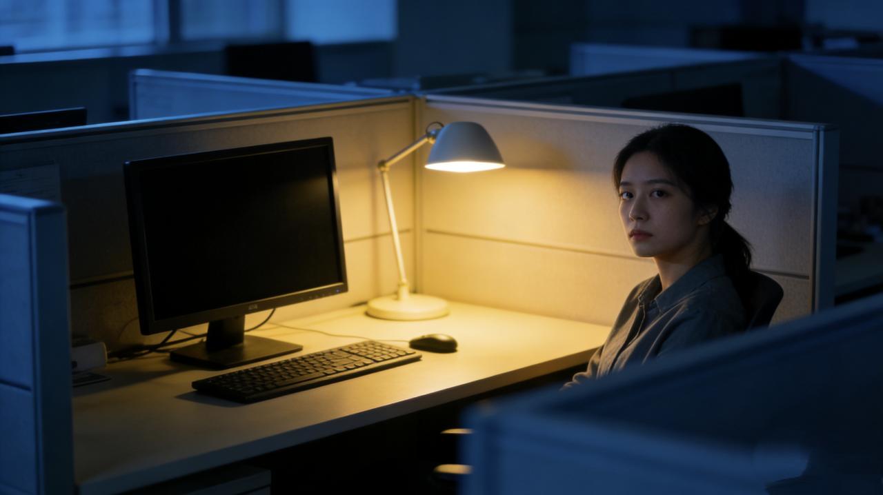 新来的女同事总爱加班，每天都是最后一个走。有一天我忘带钥匙，折回公司拿，发现她