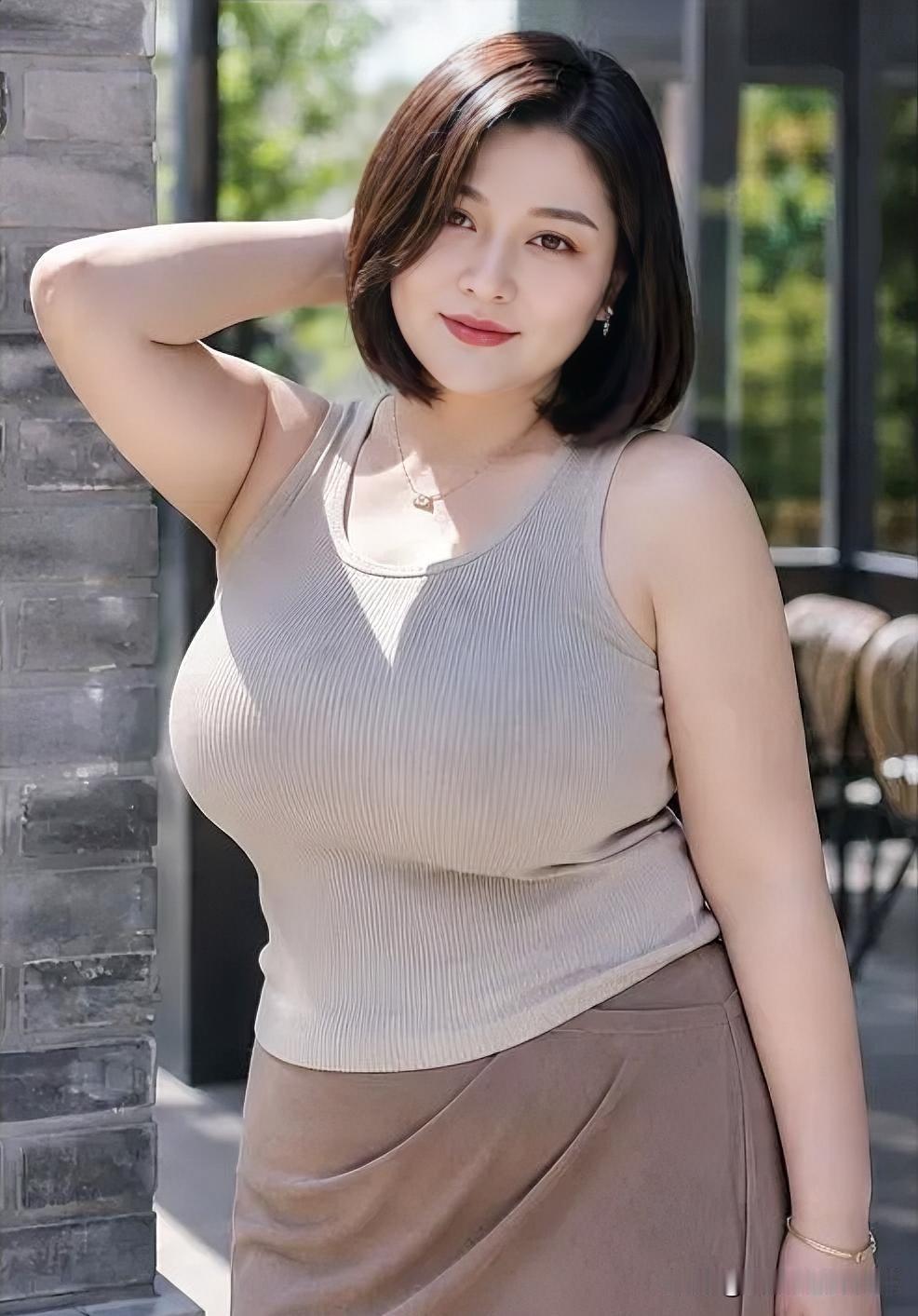灰砖墙边，棕发柔亮。米色背心配同色系半裙，简约色彩勾勒优雅曲线，阳光洒落，自信从