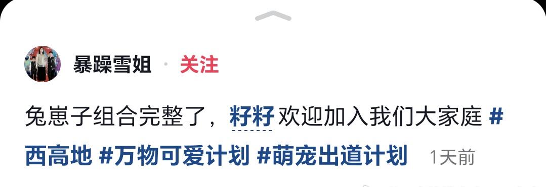 刚才刷抖，才发现雪姐养了一只狗叫“籽籽”，凑齐了“兔崽子”[笑着哭]我就说我之前刷