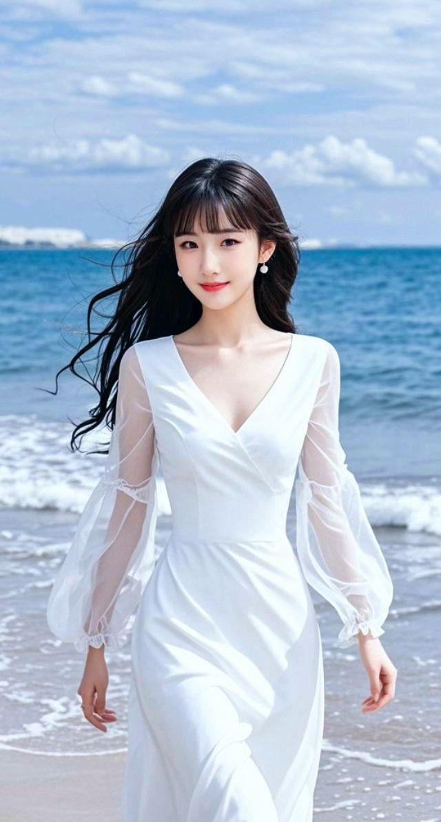 AI海滨白裙佳人