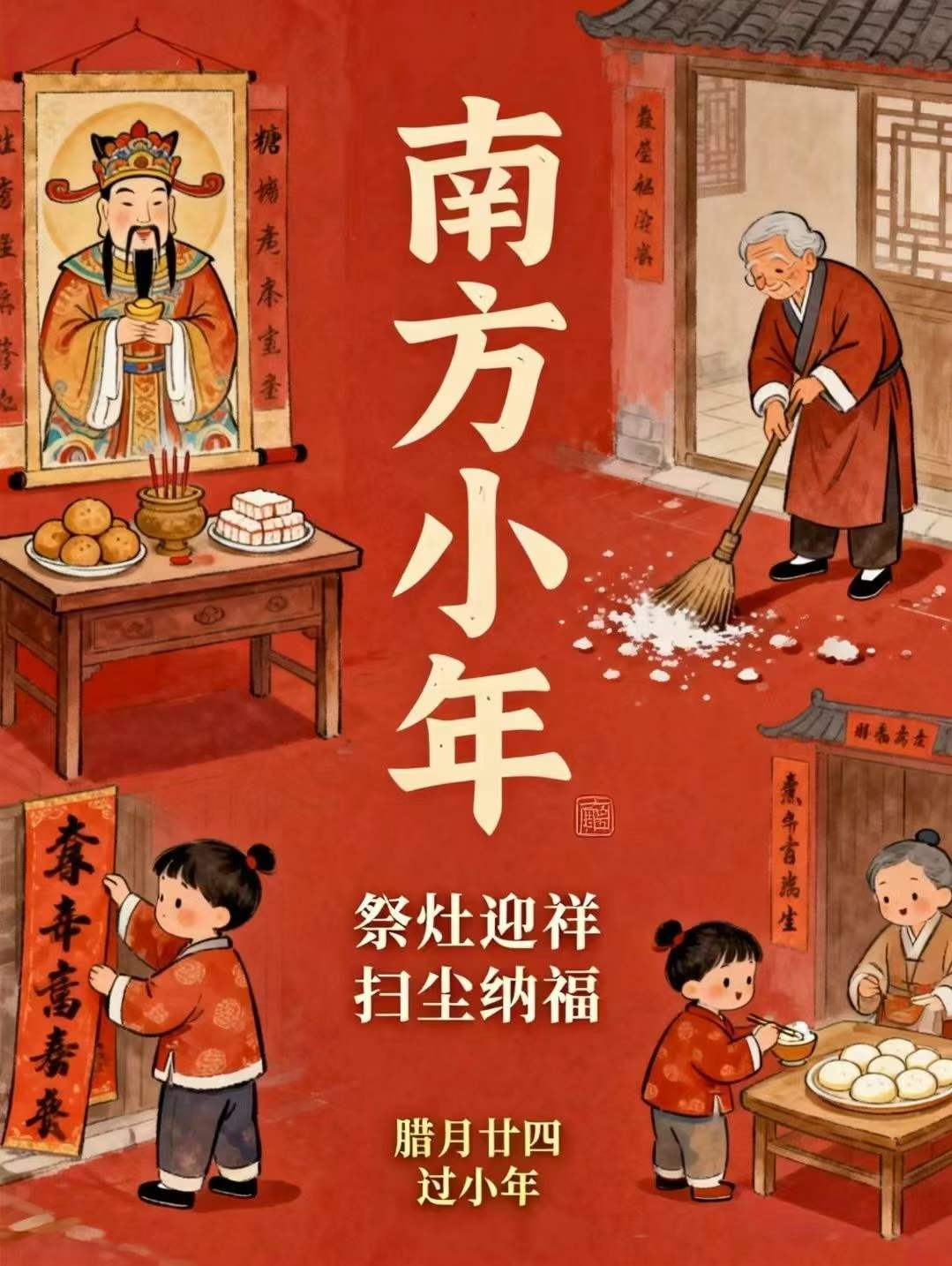 腊月二十四，掸尘扫房子。扫尘就是年终大扫除，北方称扫房，南方叫掸尘。每逢春节来