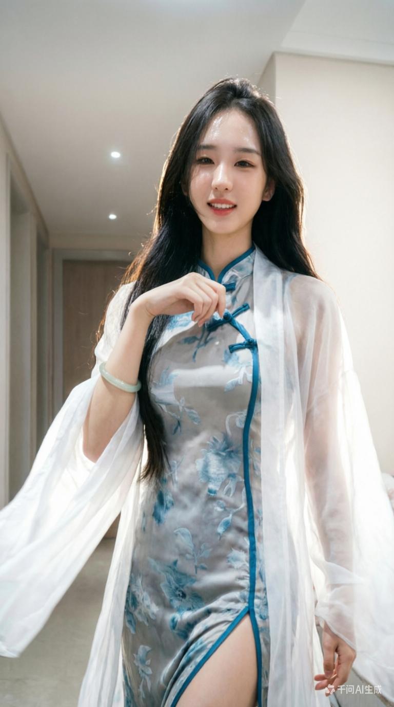 优雅古风少女，蓝白相间旗袍，清新脱俗