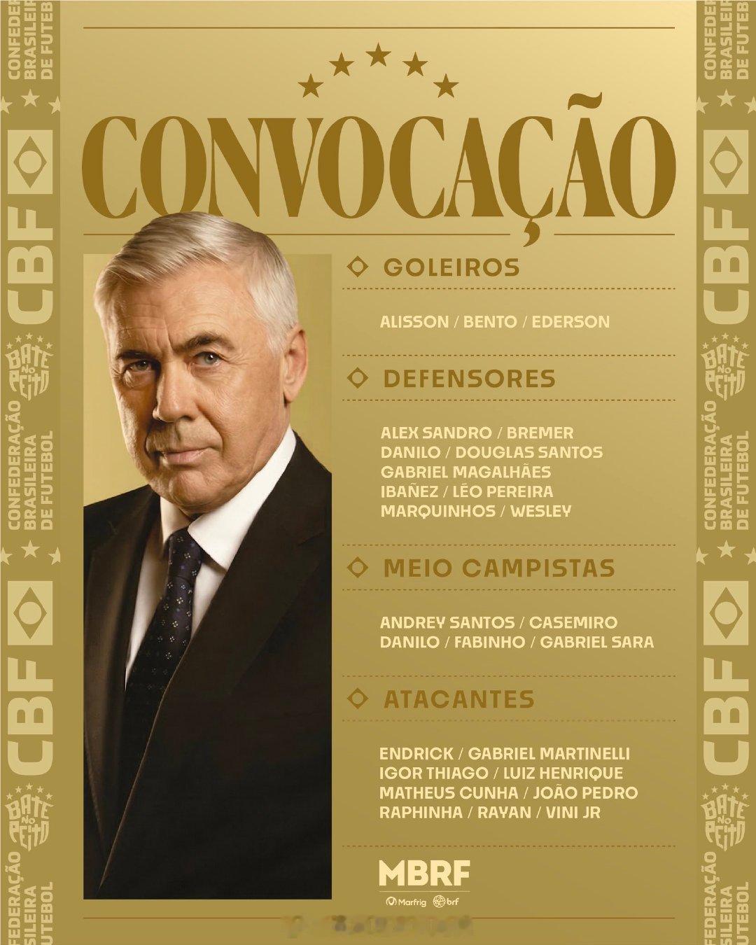 巴西国家队最新一期国脚大名单公布，内马尔、理查利森和安东尼落选，拉扬和萨拉首次入