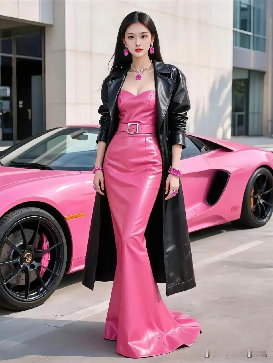这姑娘穿着亮粉裙，站在粉色豪车旁。粉红女郎&最美车模，没有之一！粉色长裙梦