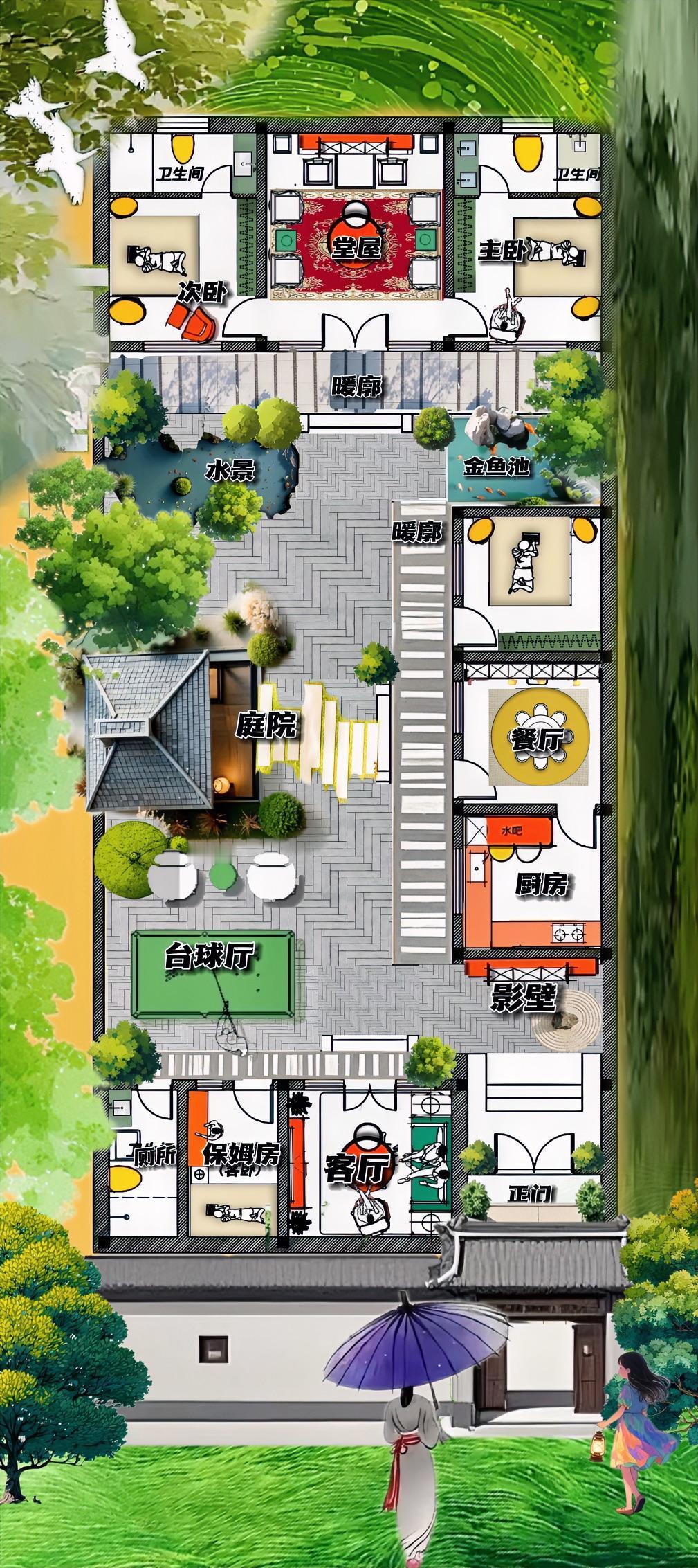 哲学家说，316㎡里面就两个，一个院，一个厅，布局很透彻，以暖廊为线，整明白自建