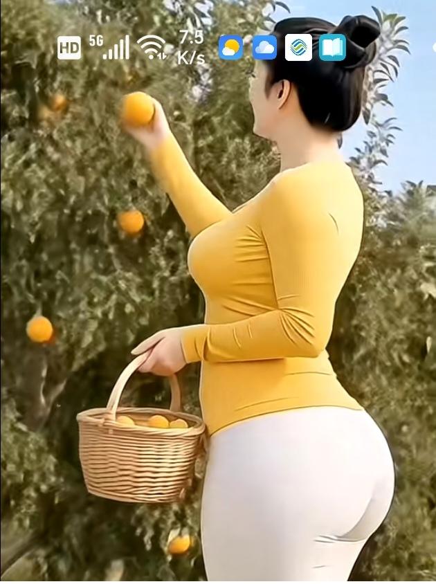 〔欣赏图片〕图中画面真漂亮；一个美女摘橘子；橘子好吃人漂亮；美女是道风景