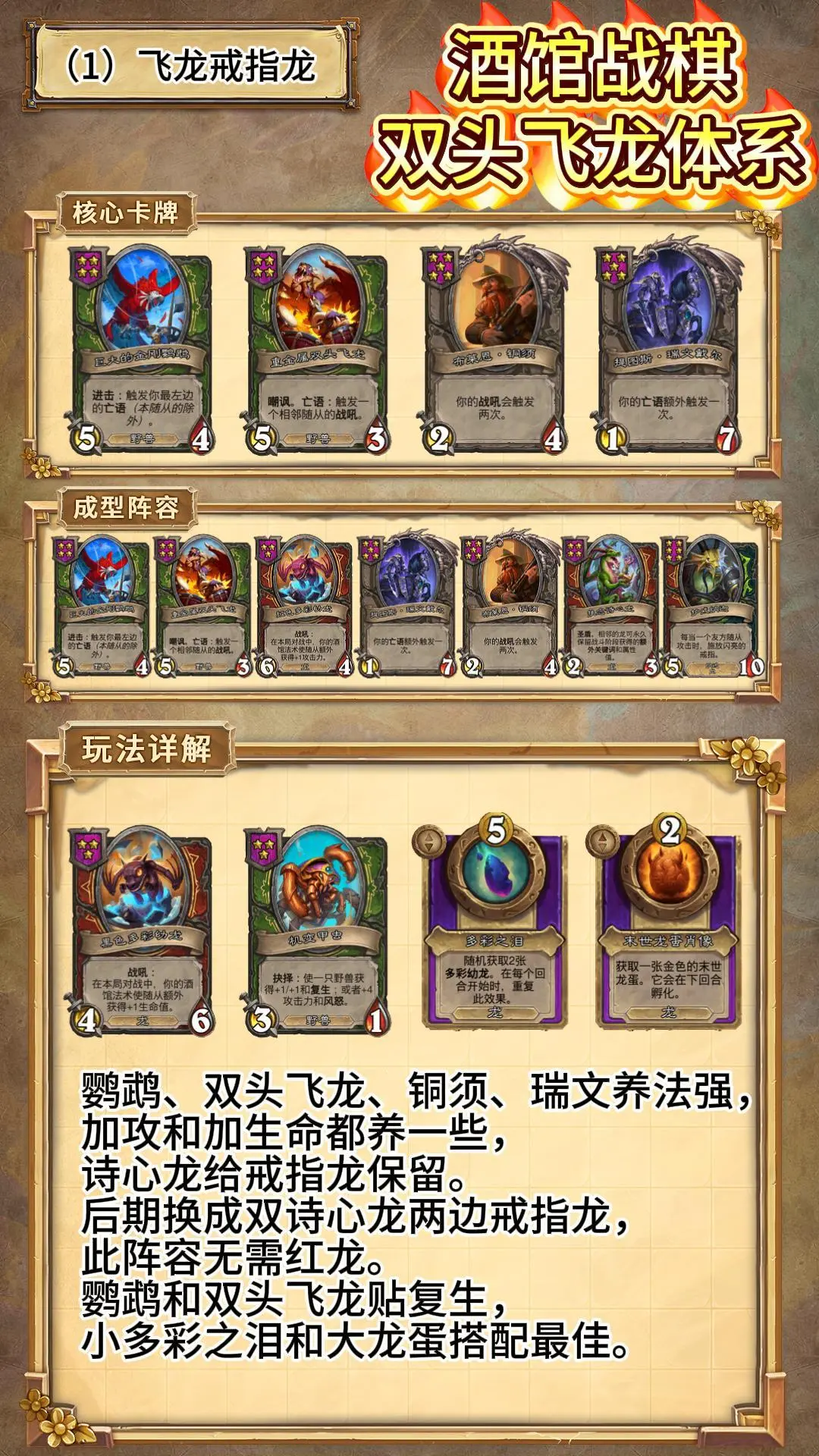 手残党首选，酒馆战棋双头飞龙体系阵容四则。有野兽的局就可以考虑往这四个...