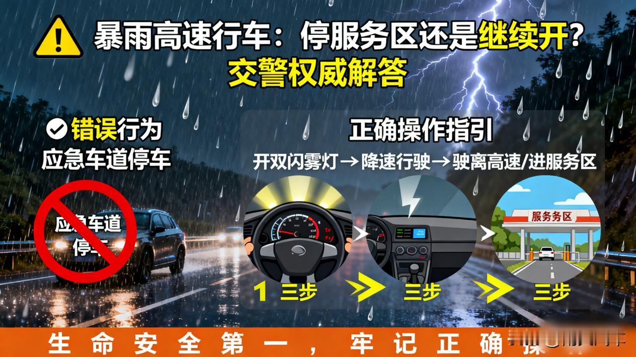 高速上突遇大暴雨，是停服务区还是继续开？交警给出权威答案。正确做法是：打开双