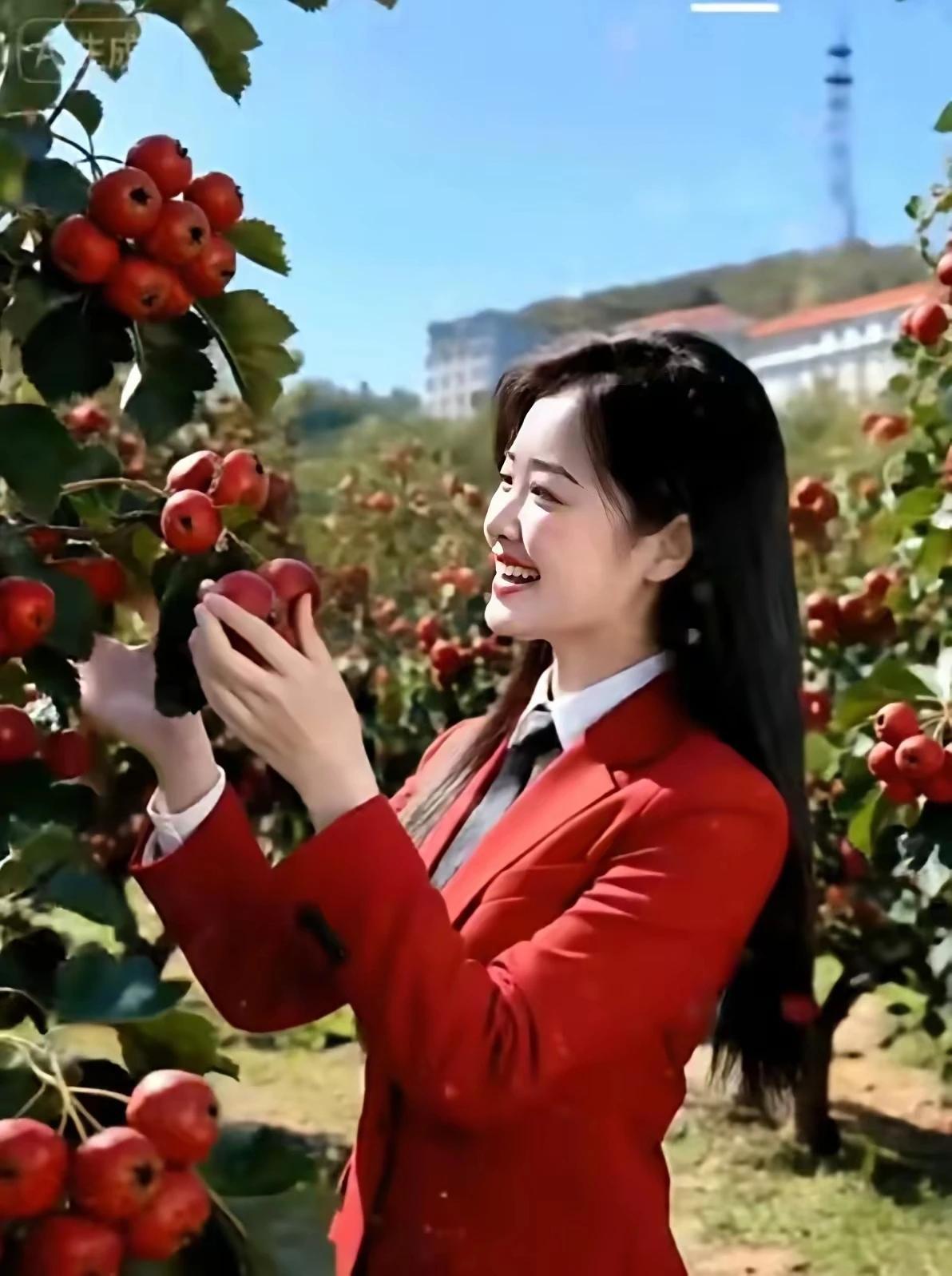 山楂成熟红满天，像小灯笼挂山川。美女采摘笑容甜，健康美味人喜欢。