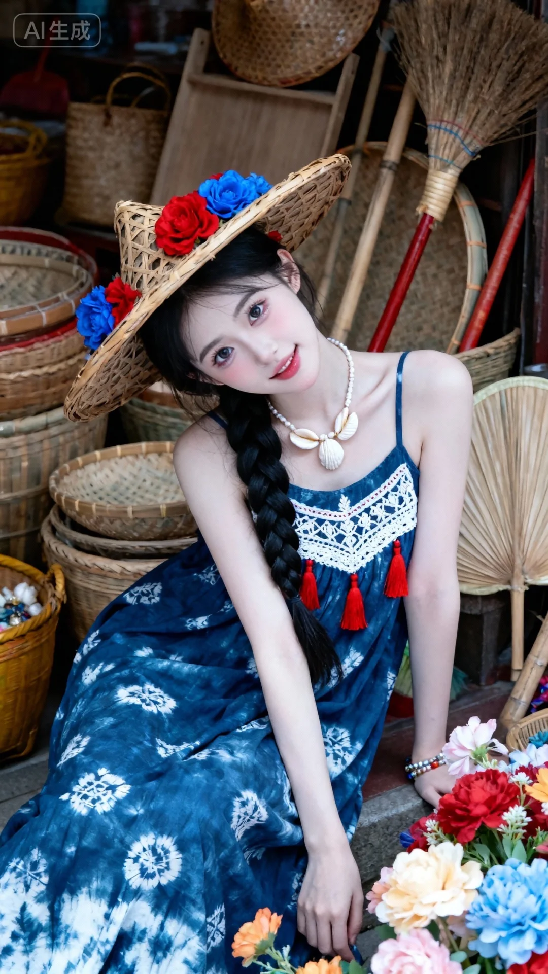 真实摄影，黑色长发编成麻花辫，佩戴贝壳项链，穿着蓝色蜡染花纹长裙（带有...