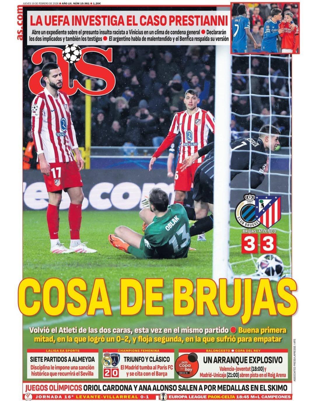 皇马《阿斯》欧足联调查普雷斯迪亚尼案在普遍谴责的氛围中，关于可能对维尼修斯的种