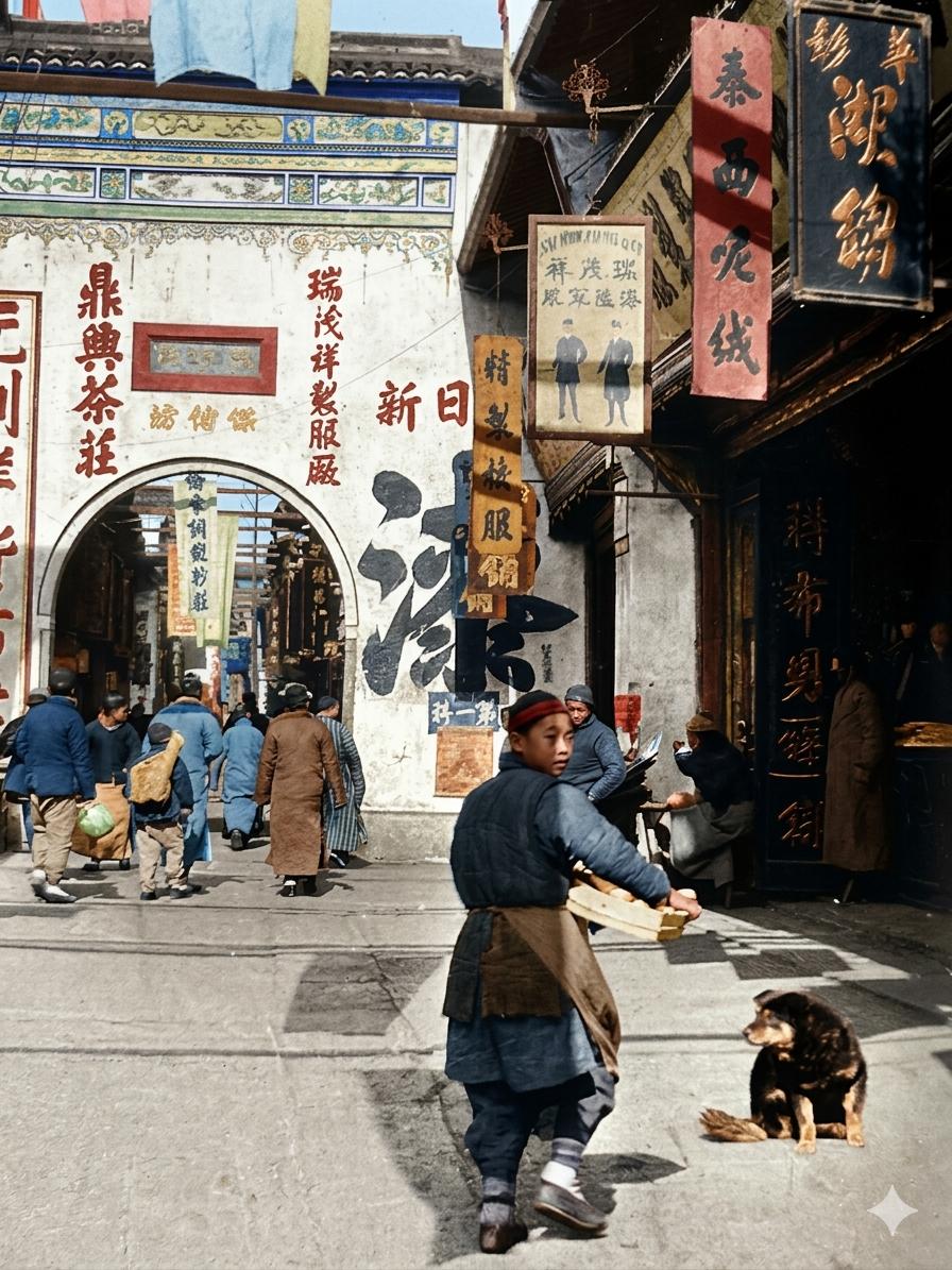 1919年，杭州南宋御街，满街林立的牌匾、墙书、商幌，砖木铺面、雕花拱门完整留存