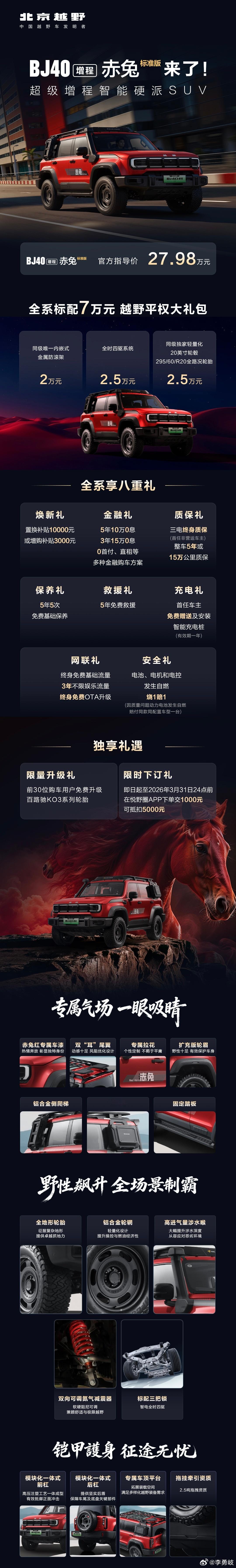 北京越野BJ40增程赤兔标准版正式上市：售价27.98万元！作为了解，BJ40增