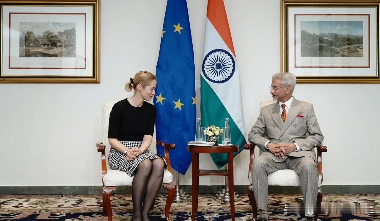 卡拉斯胆子挺大的！看到一组图片，欧盟外长卡拉斯与印度苏杰生外长的会谈照，黑丝