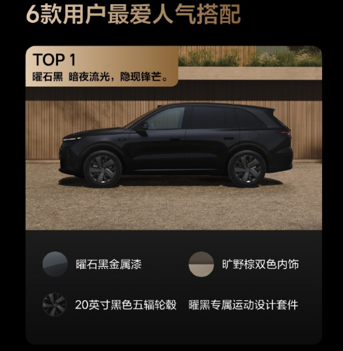 果然理想L6最受欢迎的搭配就是纯黑，曜石黑+曜黑运动套件，这种半大不大的尺寸，看