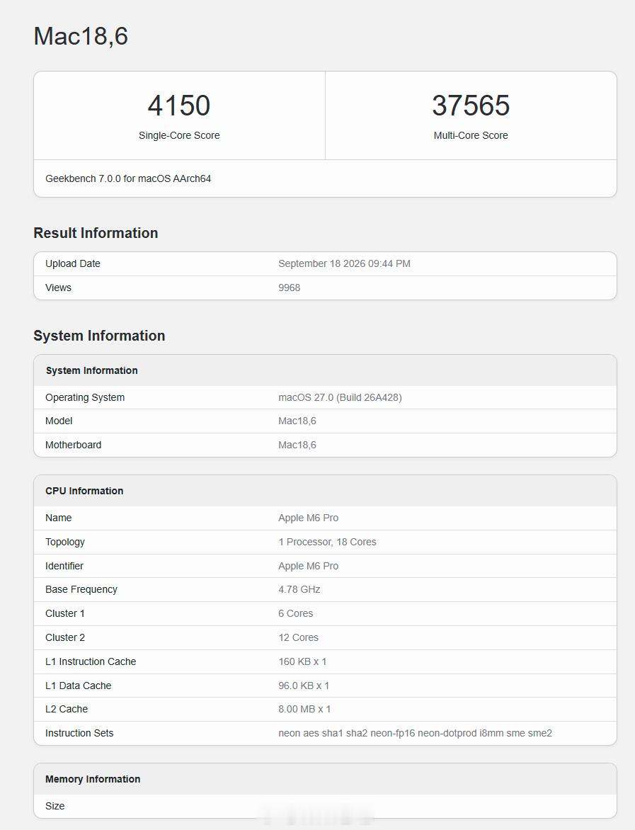 疑似M6Pro现身Geekbench7数据库，不过疑点很多，单核41