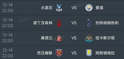 北京时间12月14日22：00，明天的英超第16轮同时开球的场次如下：第一场