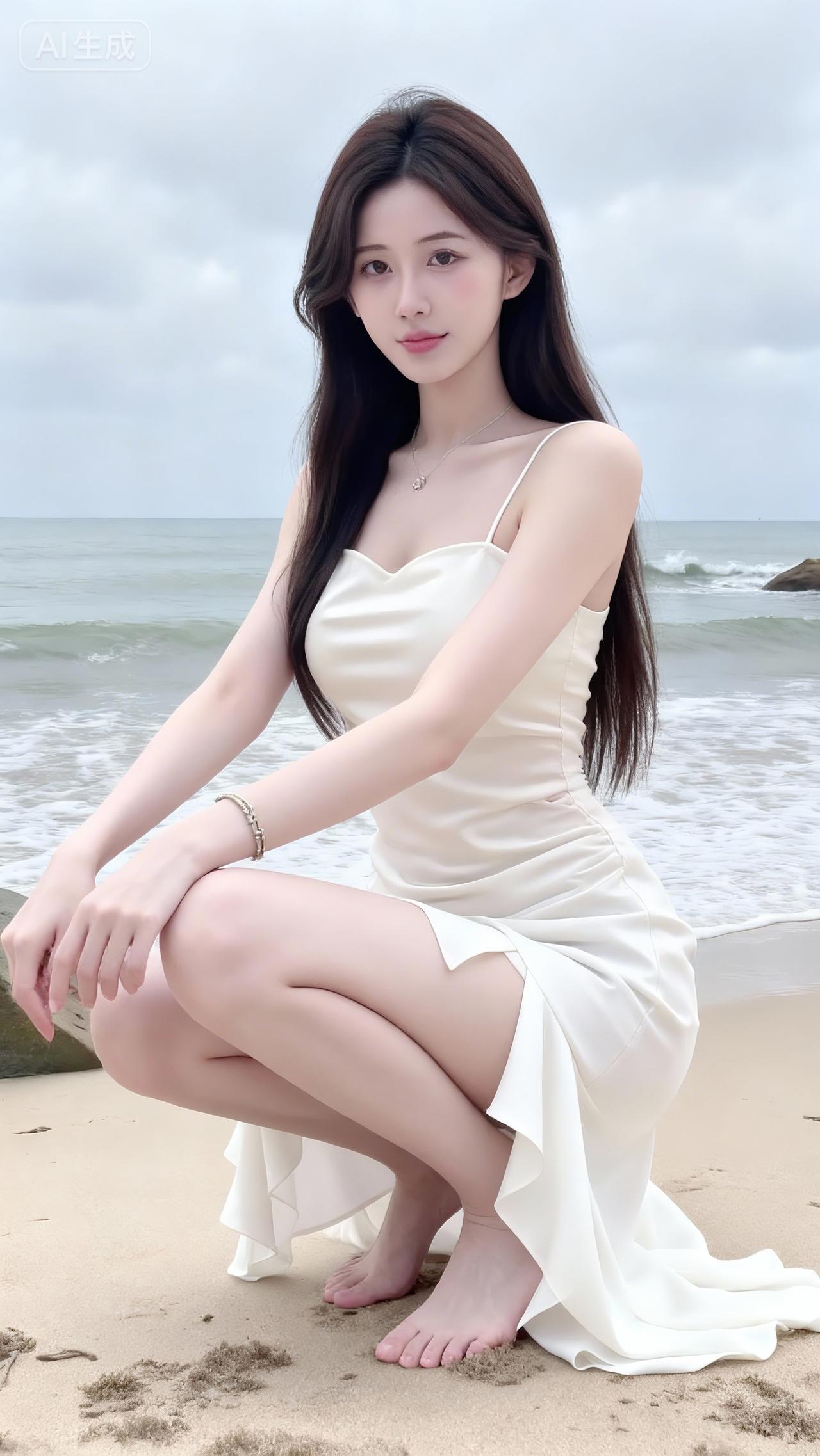 海滩甜妹，奶白缎面吊带裙，温柔纯欲氛围感拉满温柔风吊带长裙甜酷吊带裙纯欲白吊