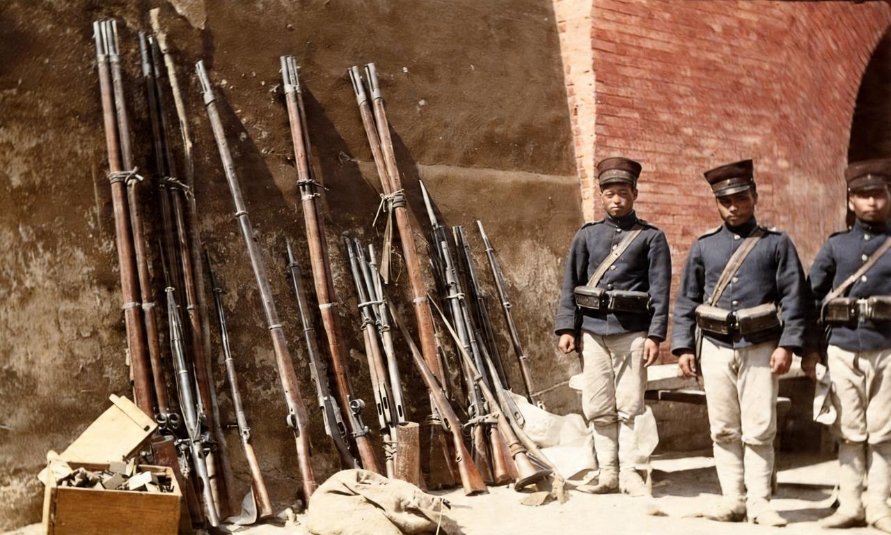 这是晚清日寇在与清军、义和团激战后缴获的武器。可见，这些武器都非常的落后。尤其那