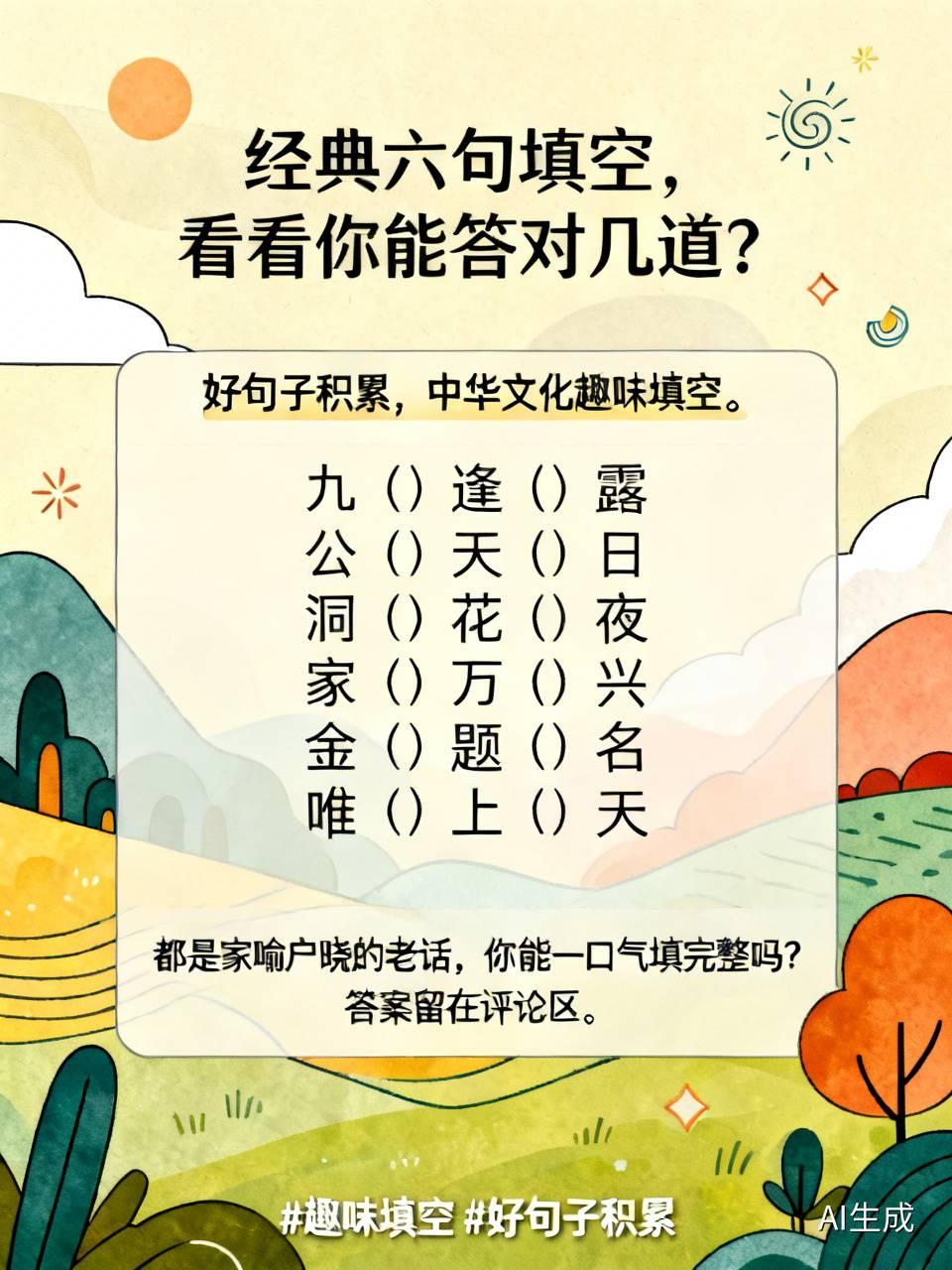 标题：经典六句填空，看看你能答对几道？好句子积累，中华文化趣味填空。九（）逢