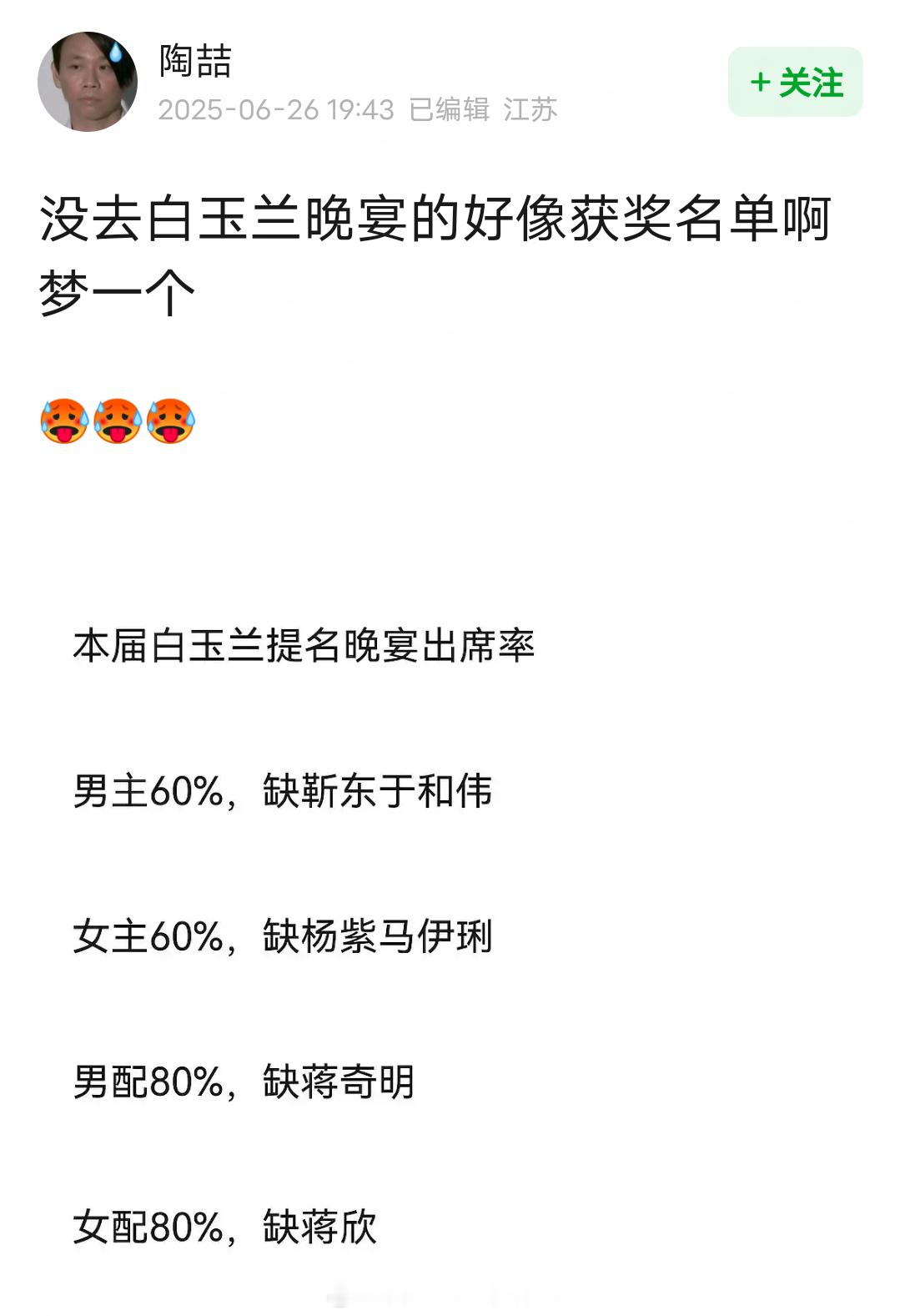 网友说没去白玉兰晚宴的，真的很像最终获奖名单视帝缺靳东于和伟，视后缺杨紫马伊琍男
