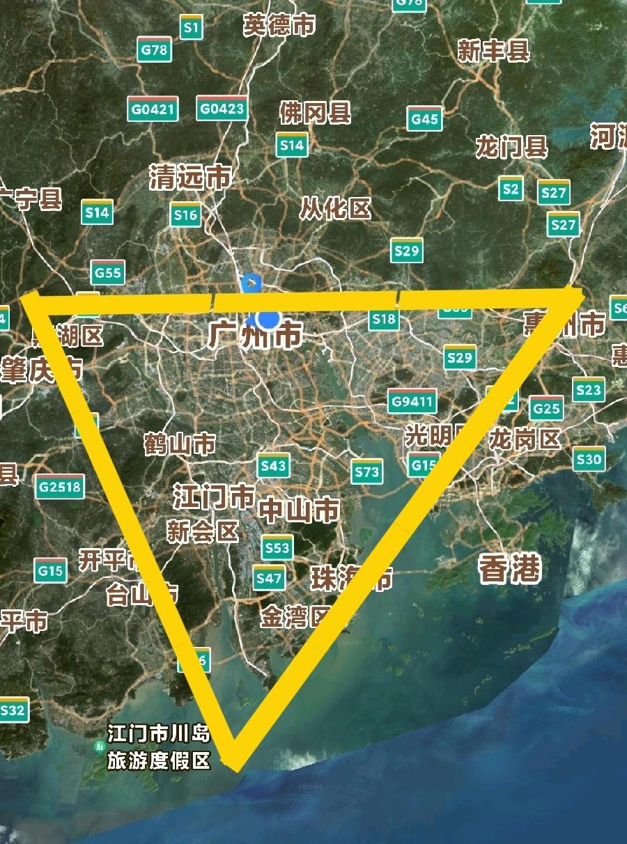 来看看👀，这是卫星实景图⭐，这里便是广东省经济实力最强的珠三角。我用笔大致勾