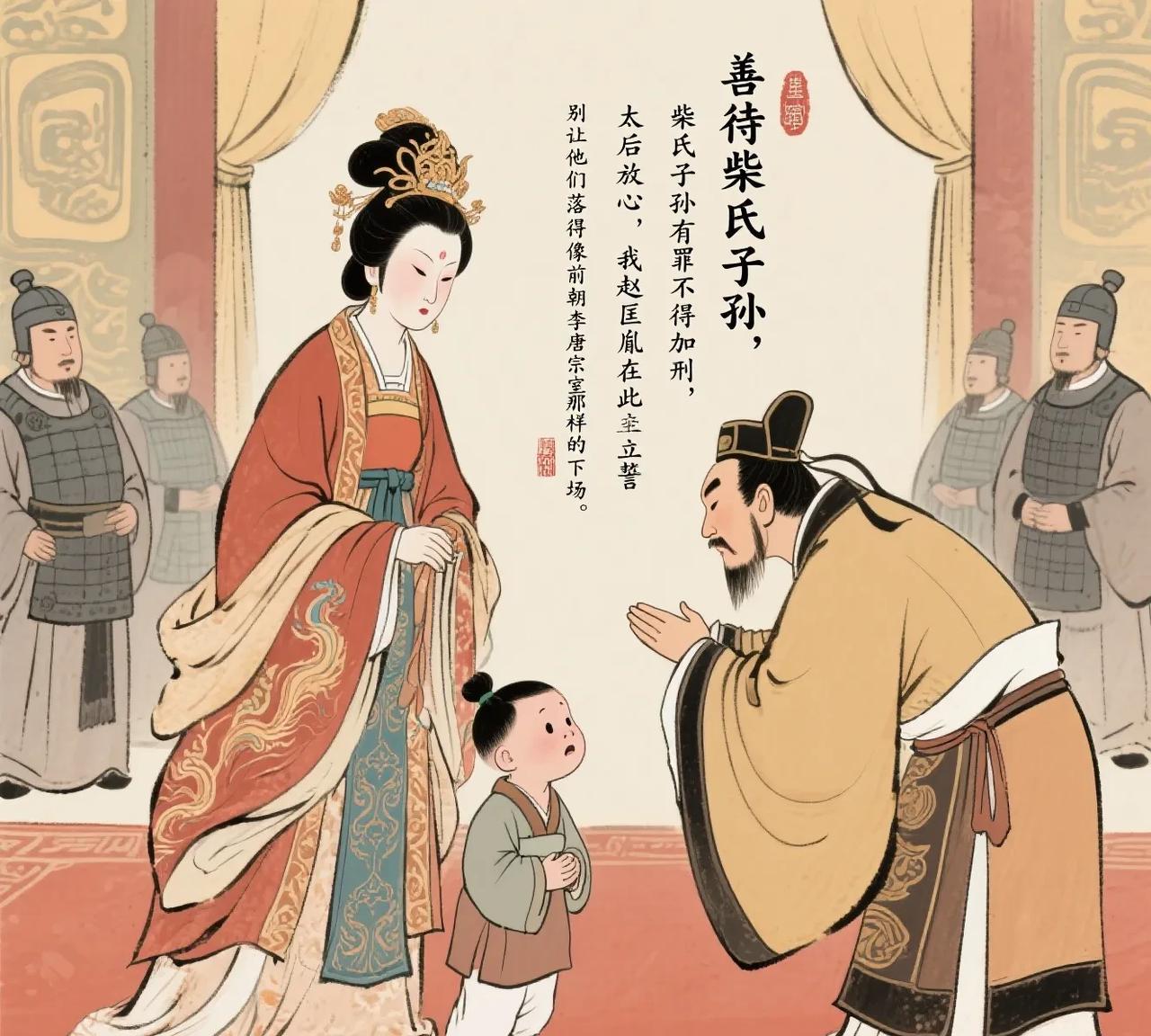 陈桥兵变后，赵匡胤带甲士进入宫中，符太后将幼帝柴宗训护在身后，质问：“你对得起先