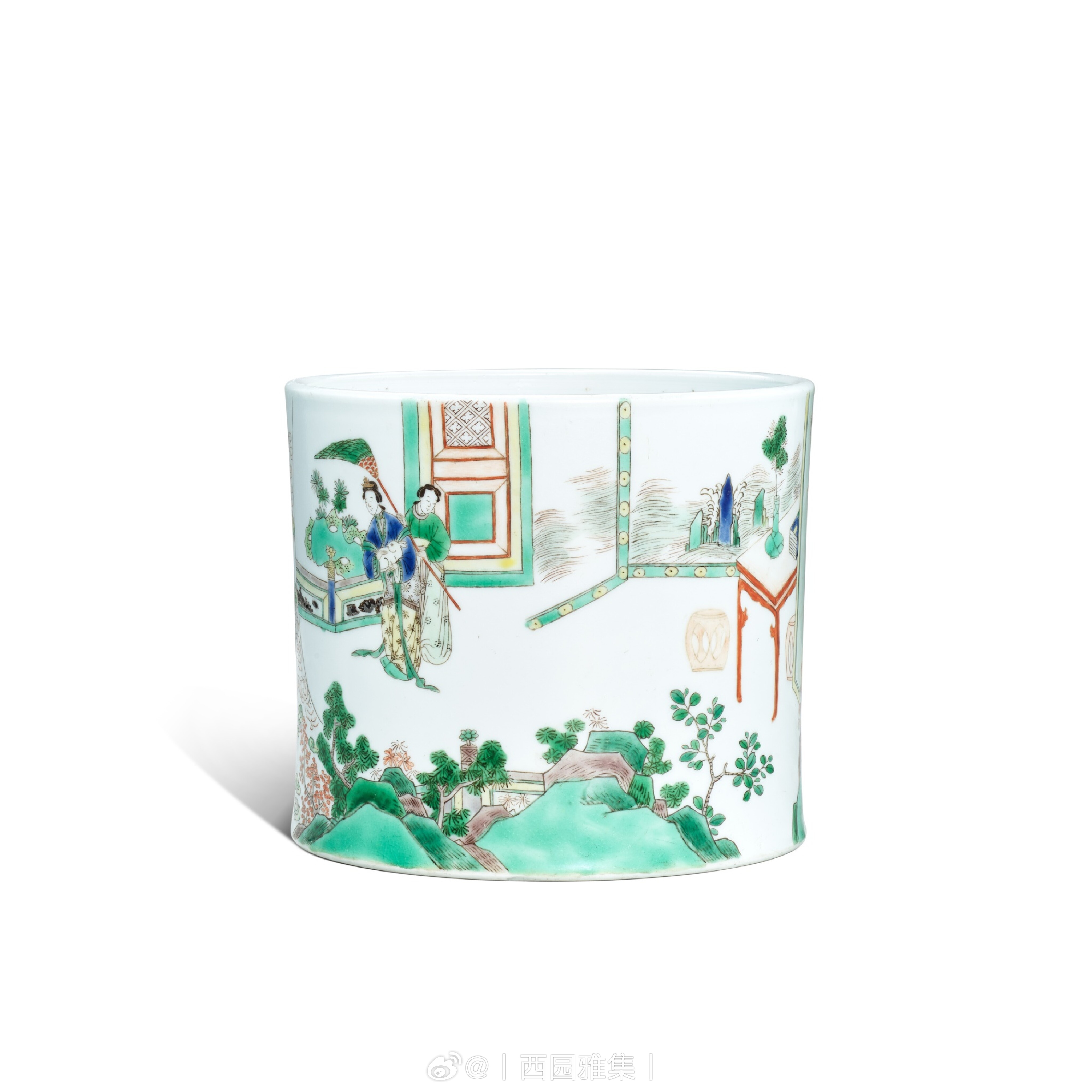 清康熙五彩长生殿重圆图笔筒《木石居》款尺寸：d.18.2cmh.15