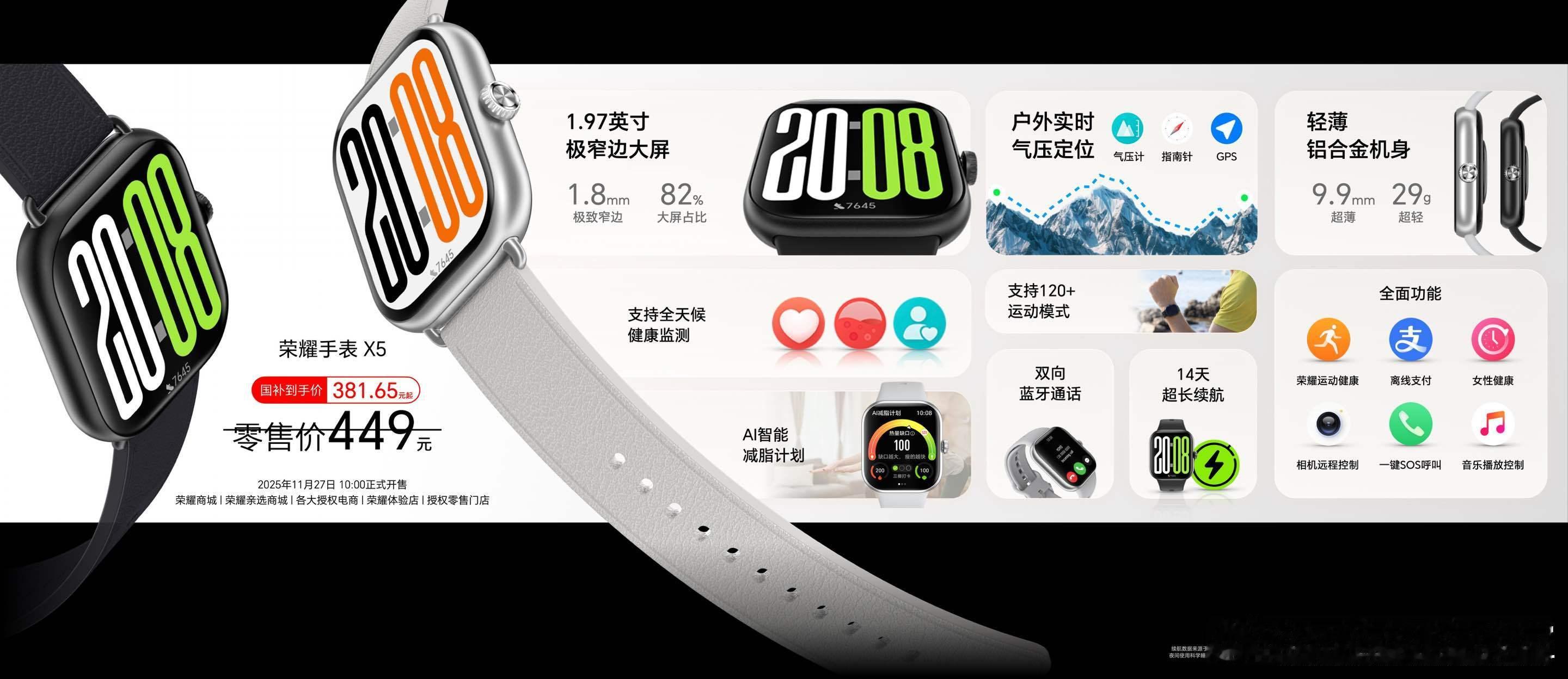 荣耀还为用户带来了多款智能设备：荣耀手表X5主打大屏轻薄，搭载一块1.97英寸大