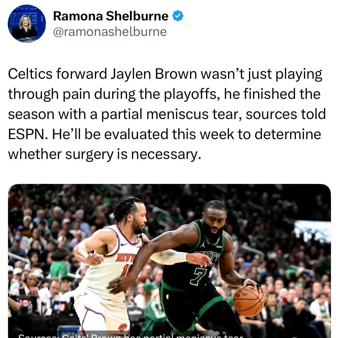 杰伦-布朗真是硬汉！据ESPN记者RamonaShelburne报道：消息人