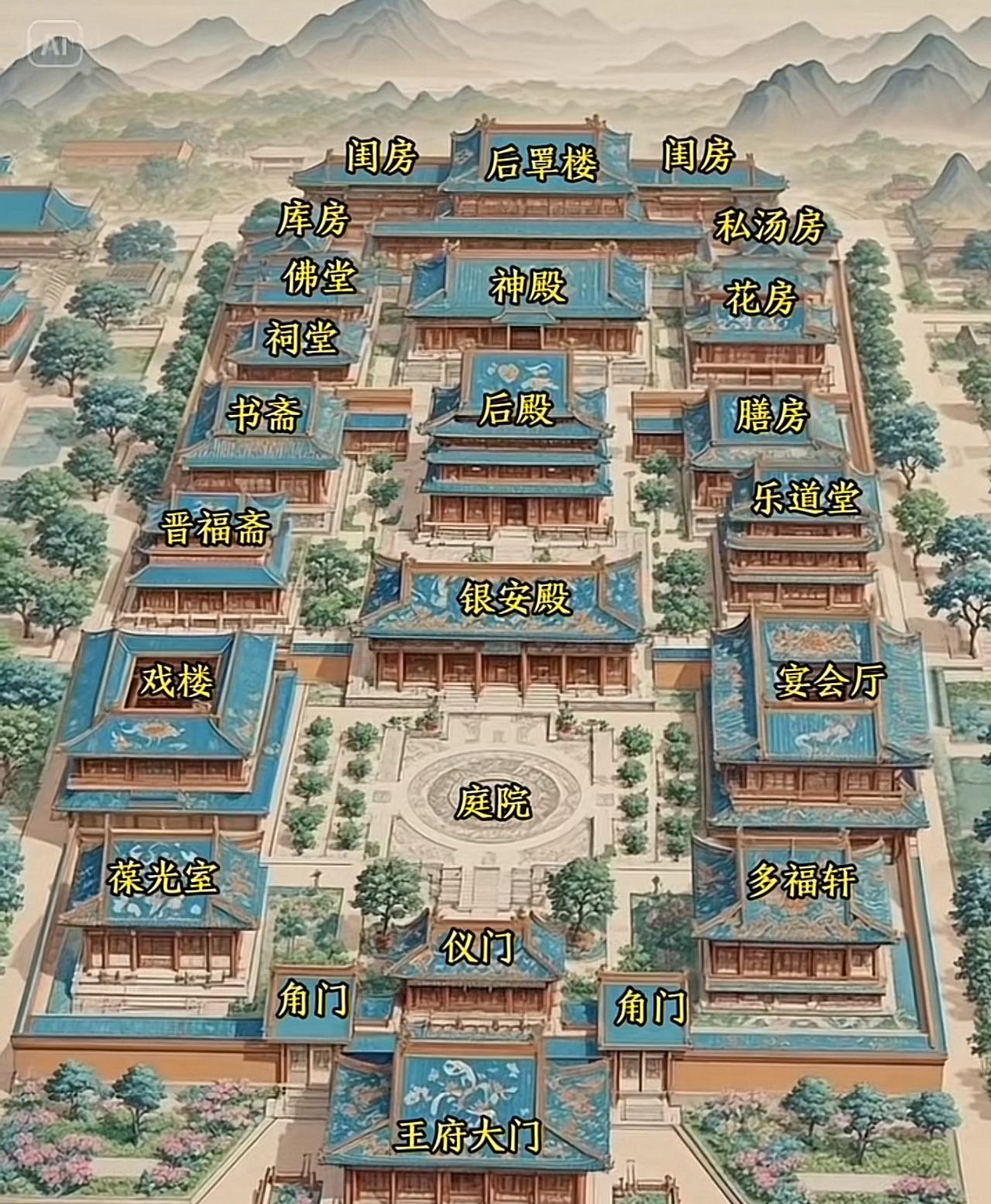 这是一幅王府建筑布局图，尽显传统中式建筑规制与风貌，整体布局！