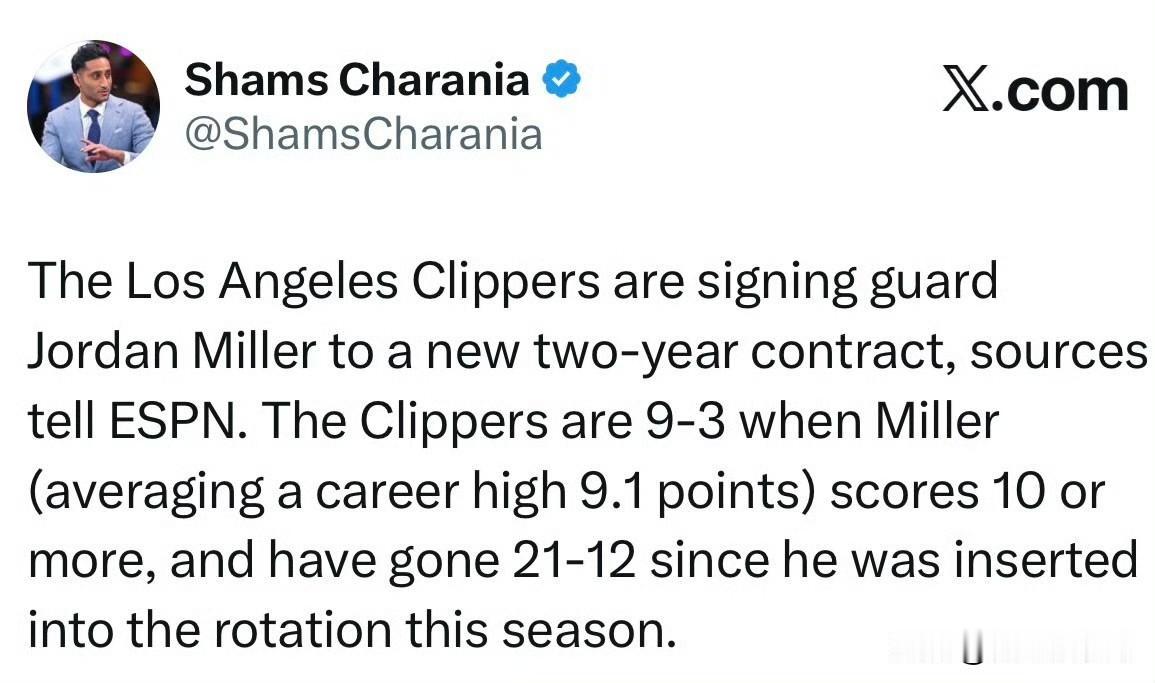 数据不会说谎！！！米勒得分上双快船9胜3负，快船果断送上两年合同！根据记者S