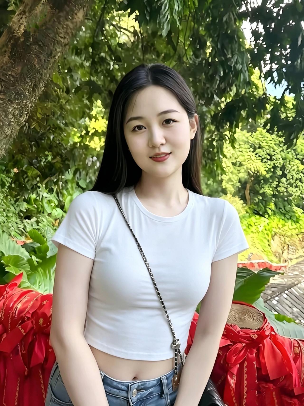 《青林红绸》浓荫叠翠掩山光，素袂清颜立古廊。一树繁阴遮暑气，千丝红缎纳祥光