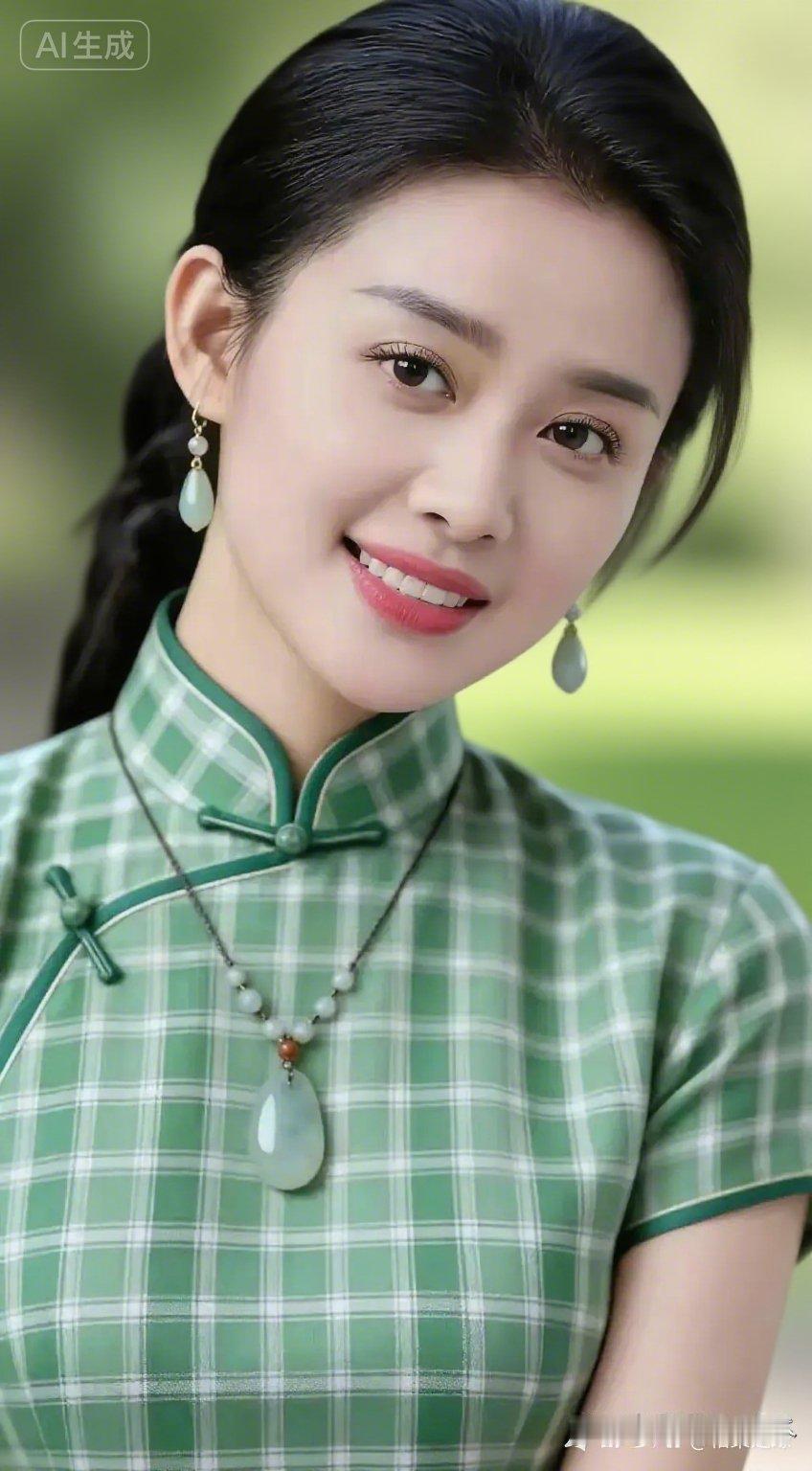 清新民国风，绿格子旗袍，复古优雅，韵味十足！💚👗💍