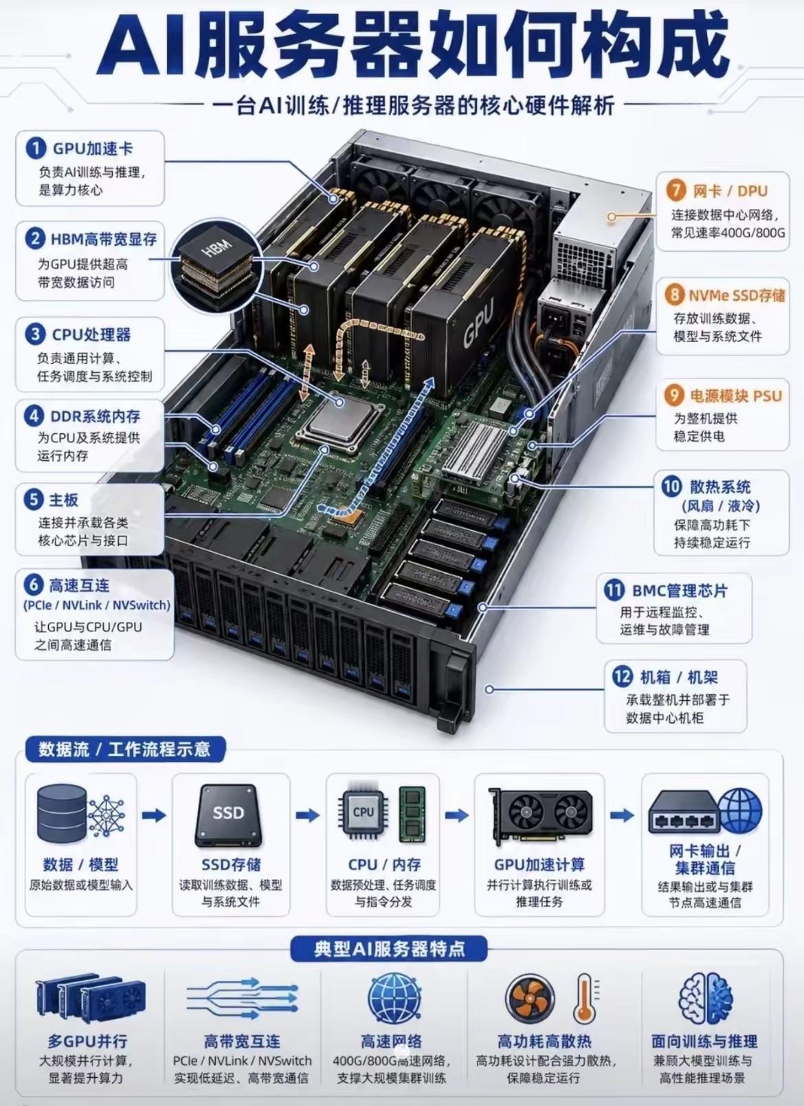 AI服务器硬件构成+全流程精简解析一、12大核心硬件（按核心优先级）