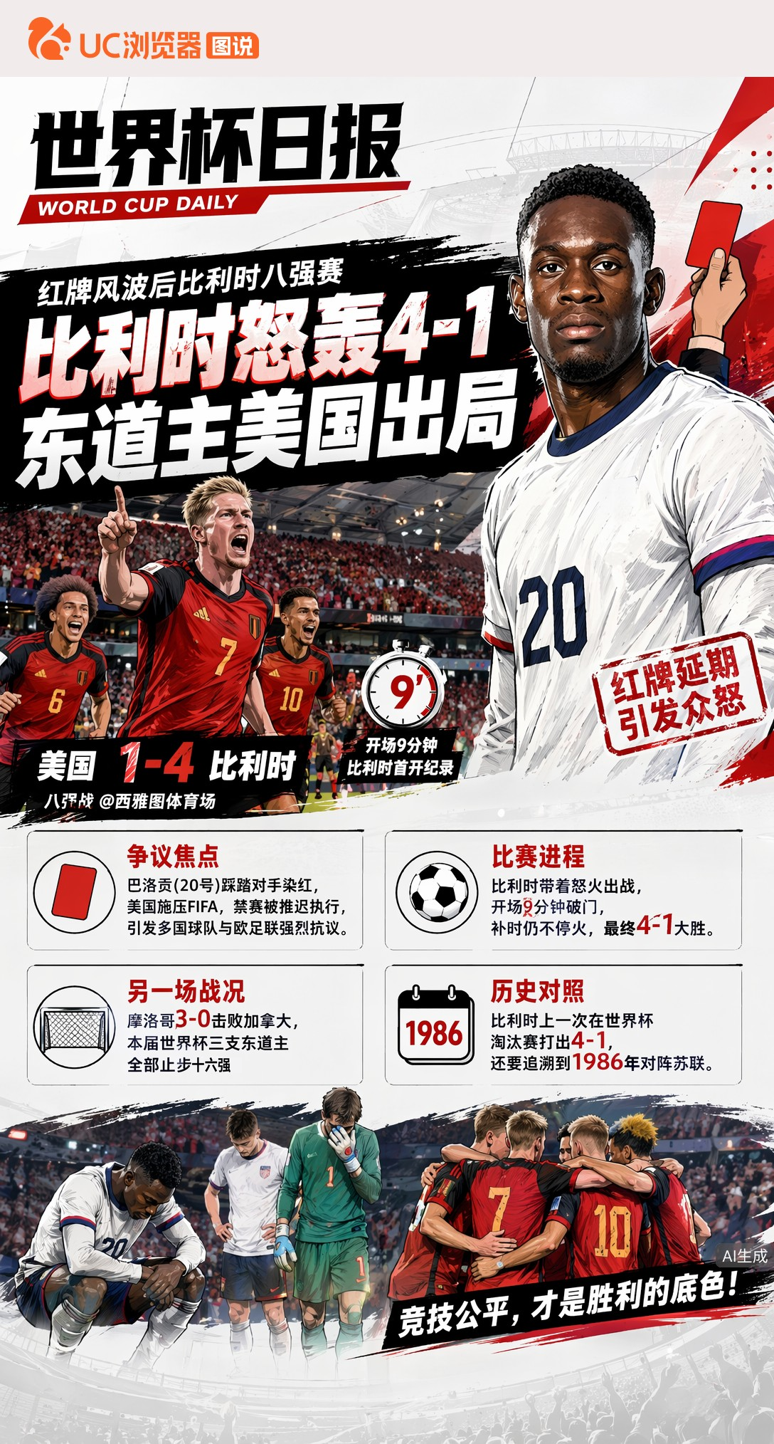 巴洛贡红牌延期成笑话！比利时怒轰4-1，东道主美国八强出局