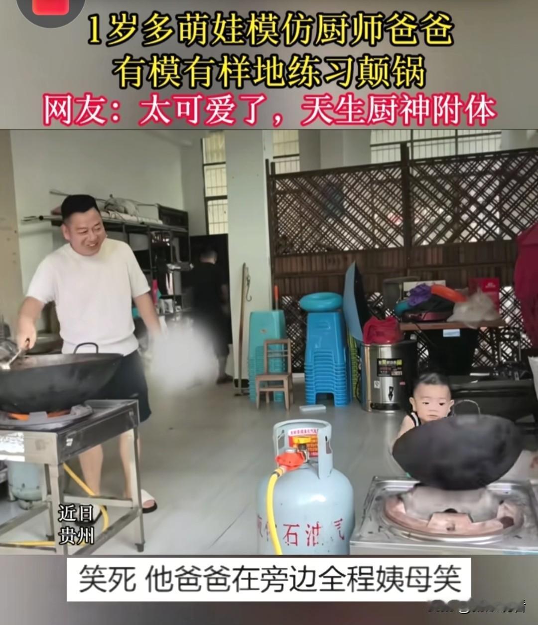 近日，贵州安顺有位一岁半小萌娃直接被网友封为天生厨神！爸爸是厨师，小家伙总扒着灶