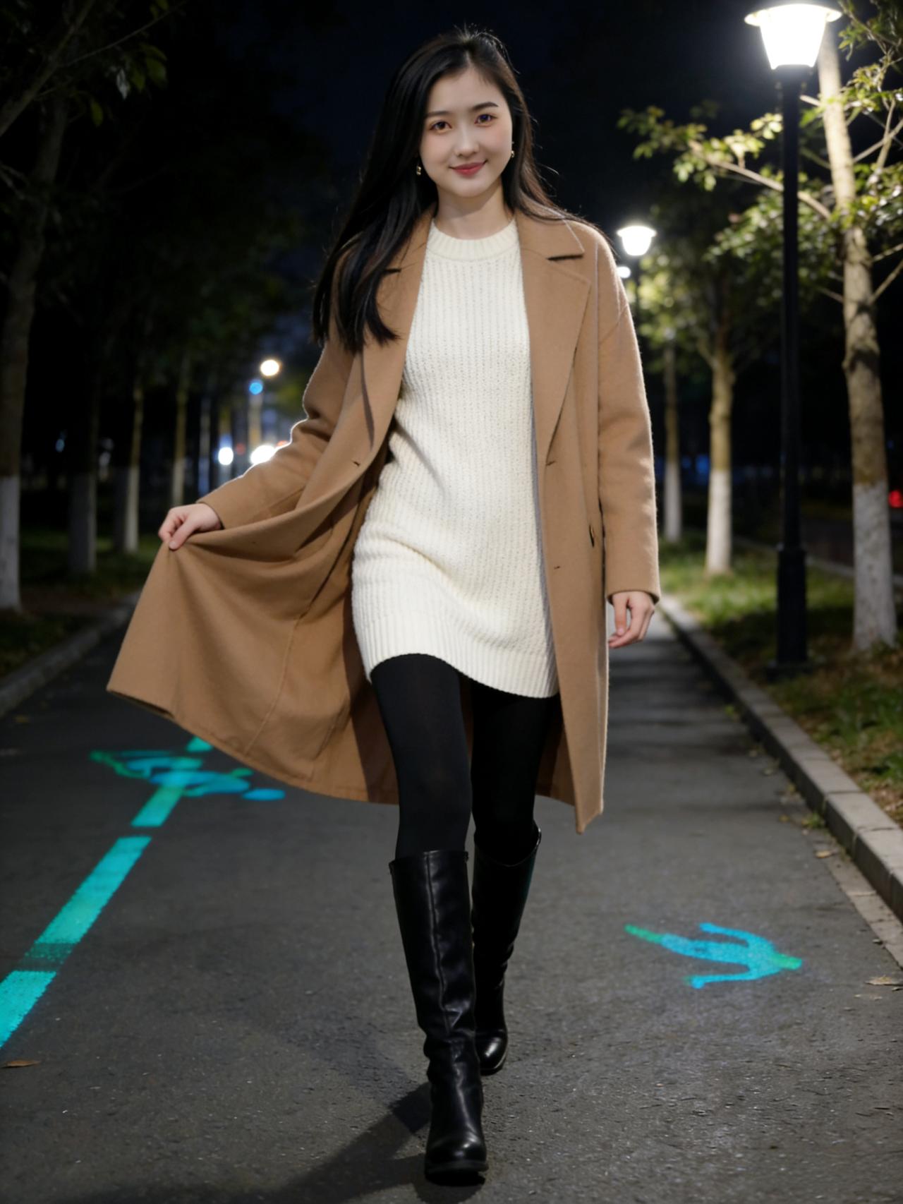 驼色大衣裁轻雾，白绒长裙曳晚风。黑丝漫绾纤纤腿，长靴轻敲寂寂声。路畔灯摇青霭