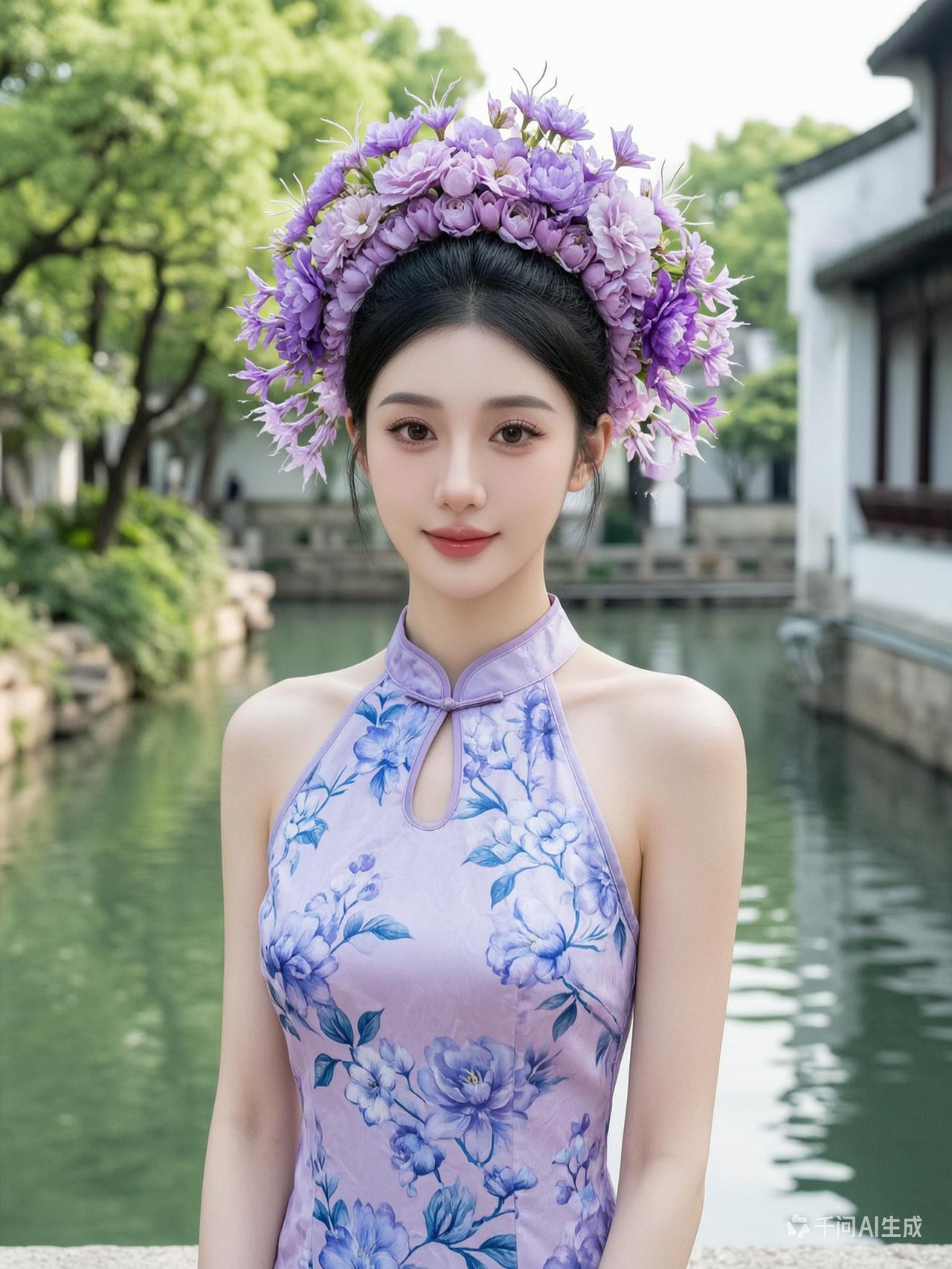 东方古典之美，花环与旗袍的完美结合，尽显优雅气质。