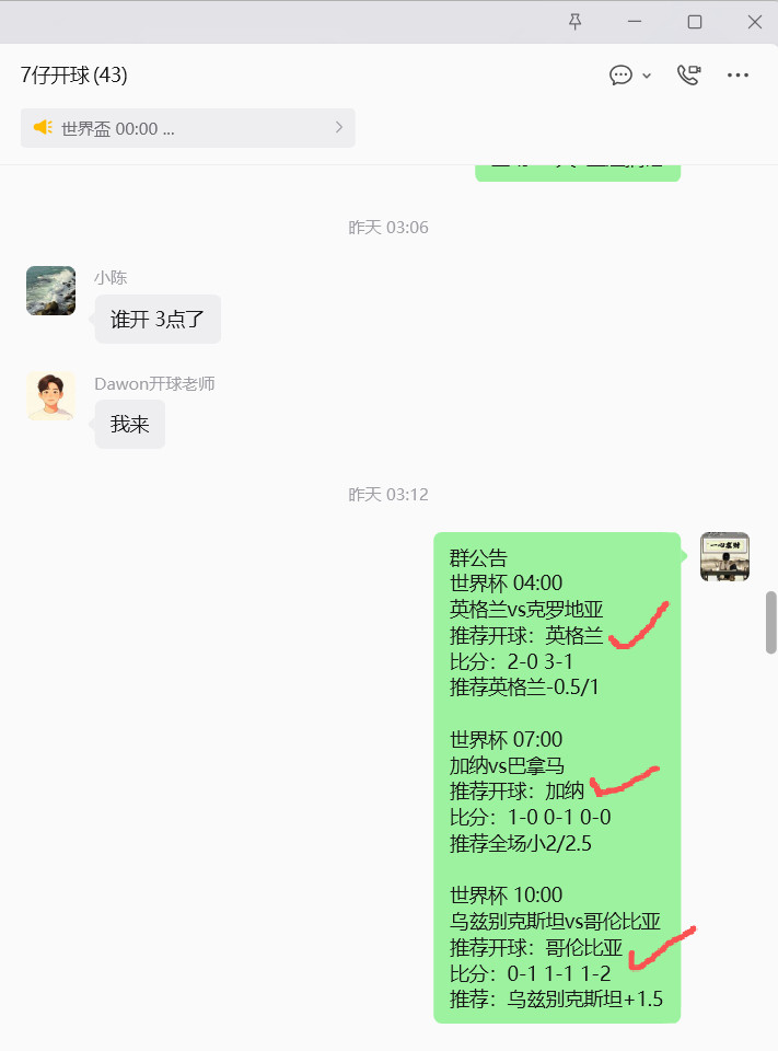 昨晚开球全部🎯！！今晚继续期待世界盃03:00瑞士(中)-波黑推荐：瑞