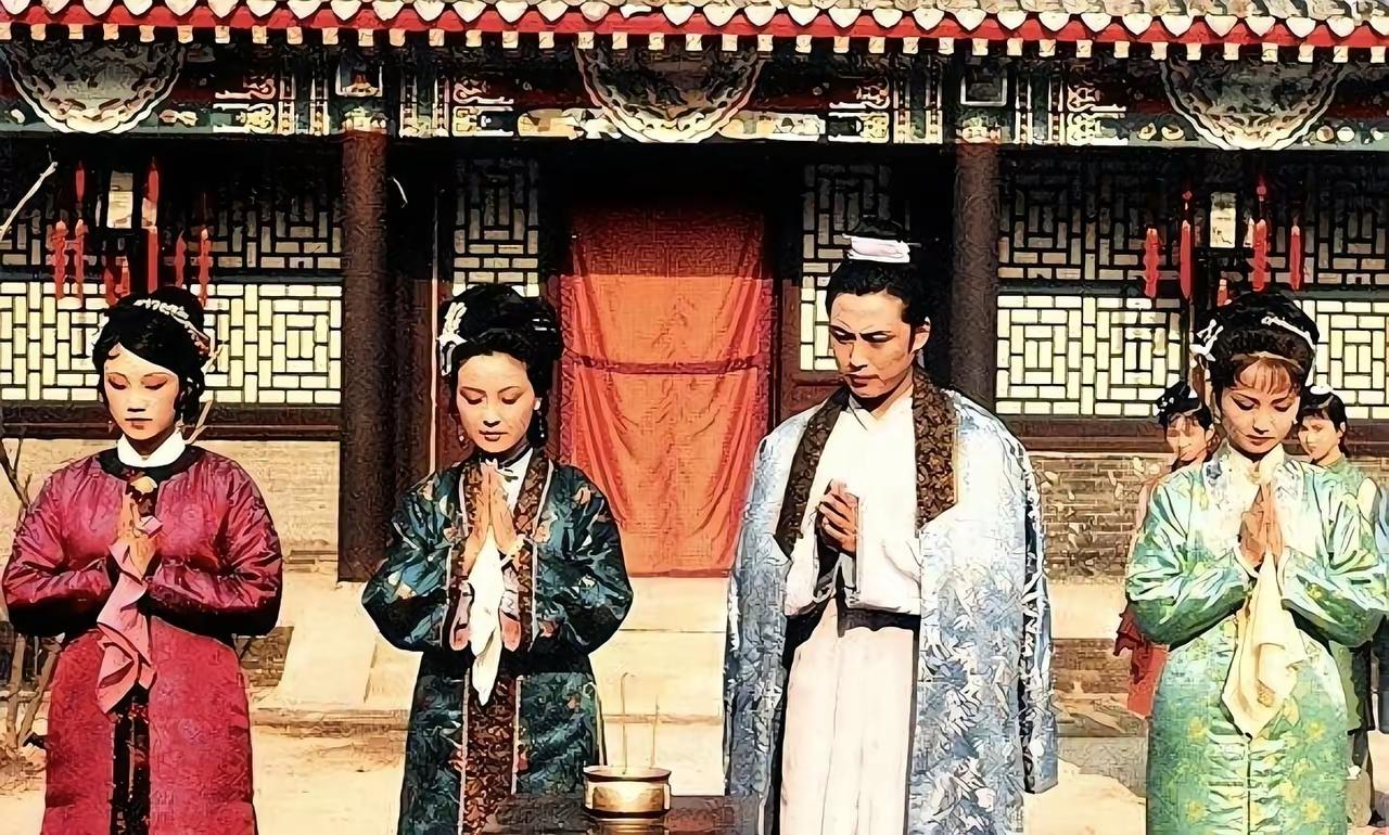 贾琏和他的妻妾们。王熙凤、平儿、秋桐都在，唯独少了尤二姐。这样并排站的时候，发现