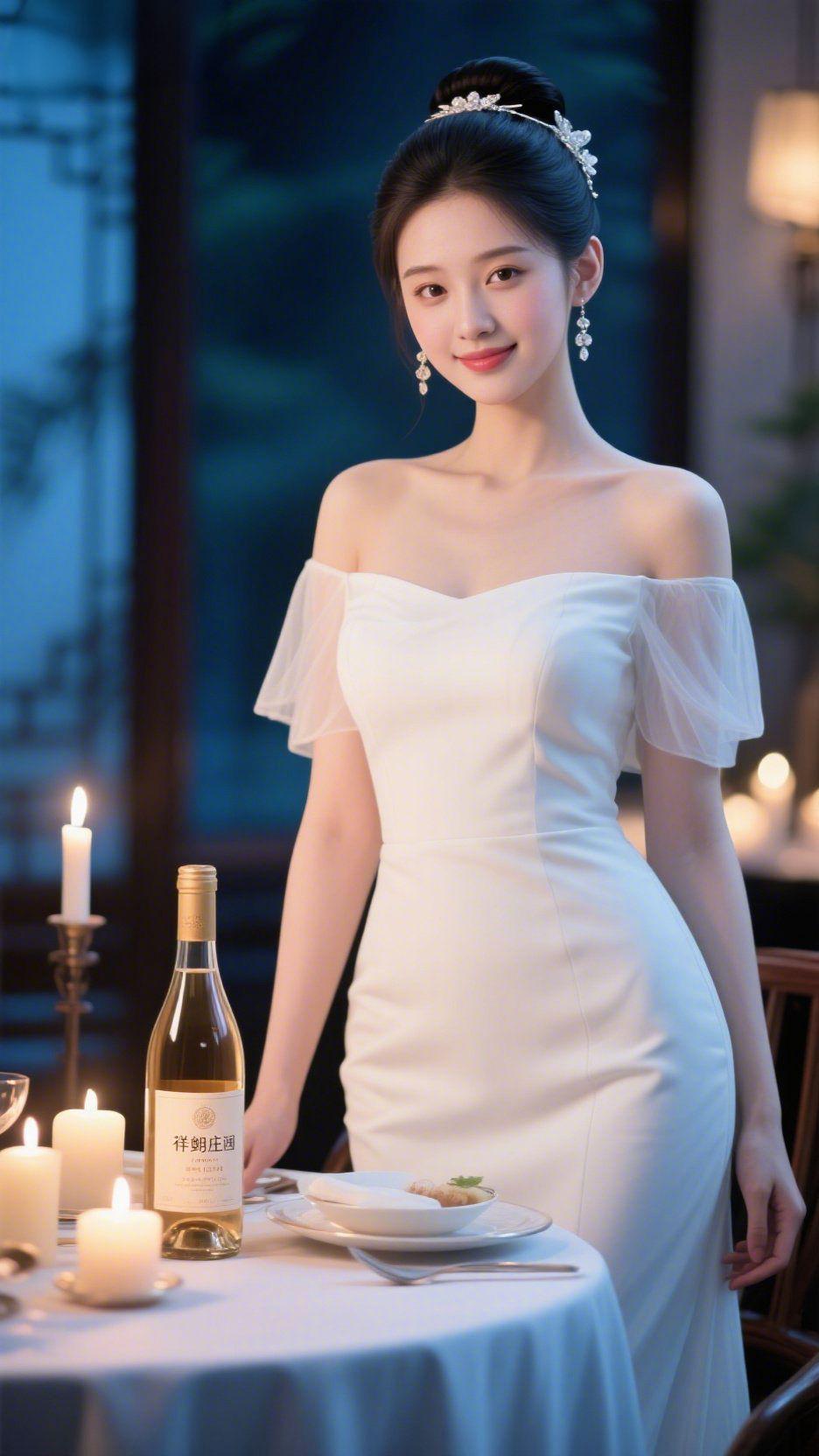 夜宴中的素白柔雅烛光裹着夜的静，她立在桌旁，素白裙装衬着轻透的袖，发间晶饰