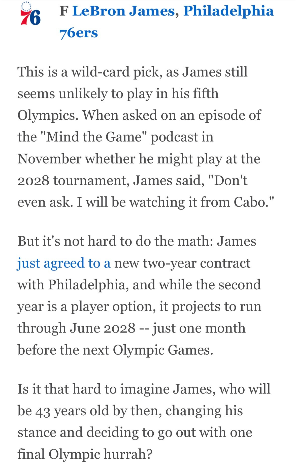 ESPN记者ZachKram预测2028奥运会阵容名单，勒布朗-詹姆斯赫然在目