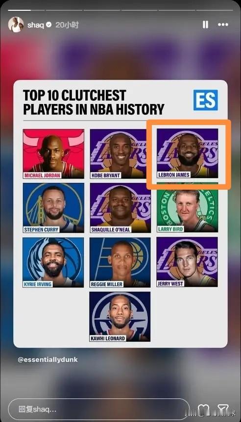 湖人超级巨星詹姆斯真是实至名归！今天NBA传奇名宿奥尼尔更新社媒，转发了一条关于