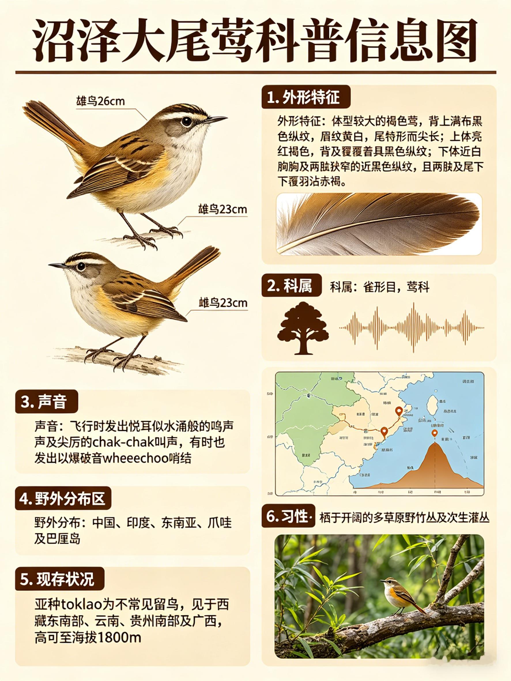 鸟类朋友图鉴沼泽大尾莺·科属：雀形目，莺科。·外形特征：体型较大（雄鸟26cm