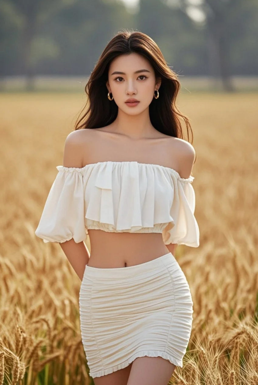 麦浪翻涌如海，她静立如礁，是喧嚣中最安宁的港湾。