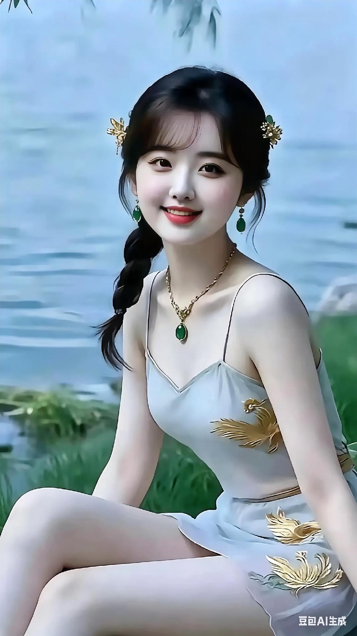 少女容颜如花，美丽而不妖娆，清纯而不失灵动，宛如人间仙子。玉肤如脂，螓首蛾眉