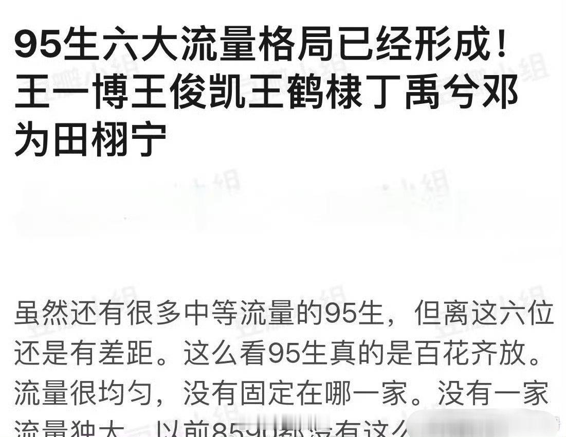 网友热议的95生六大流量格局已经形成，分别是王一博、王俊凯、王鹤棣、丁禹兮、邓为