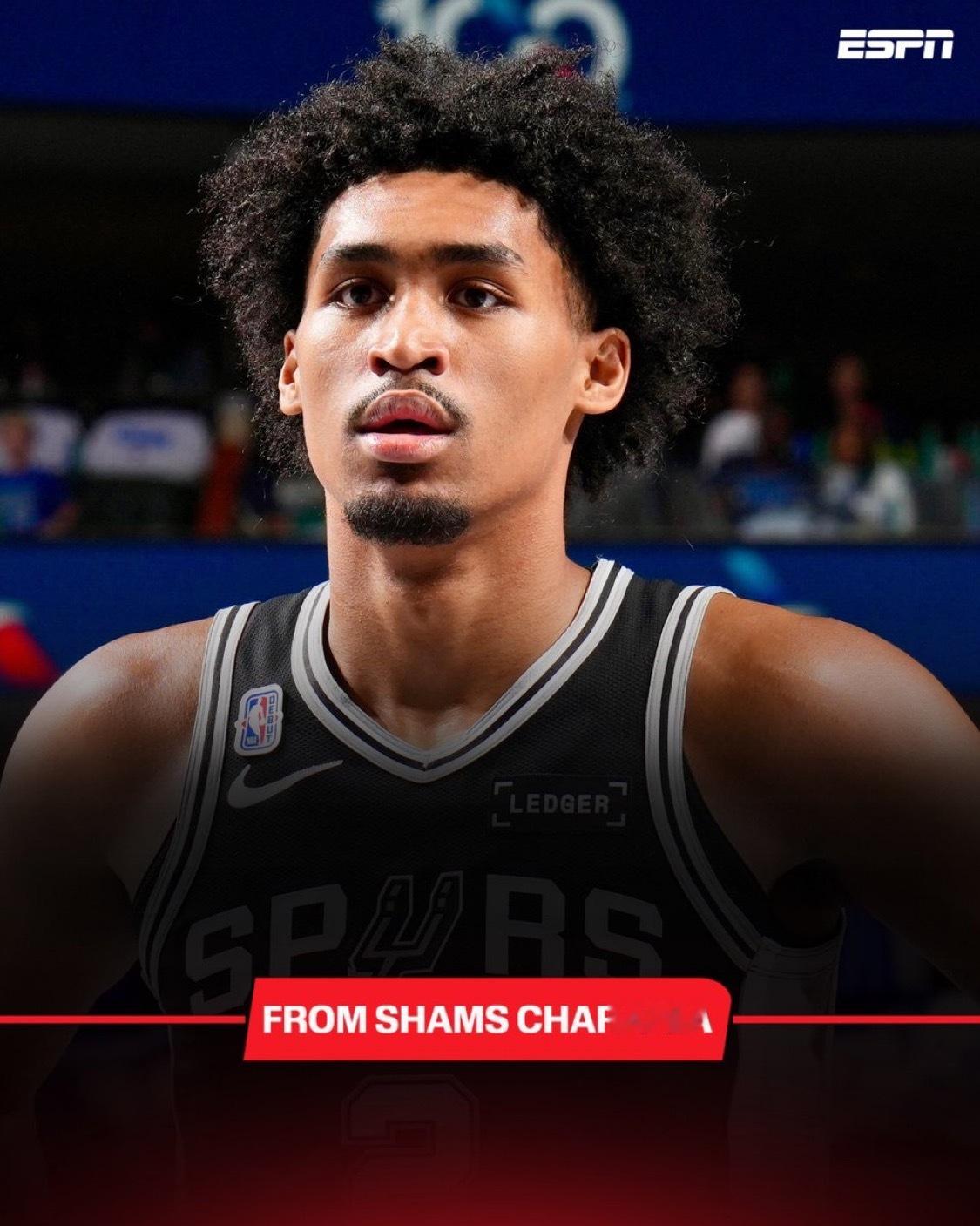 Shams：马刺队后卫迪伦·哈珀遭遇左小腿拉伤，预计将缺席数周时间，消息人士告诉