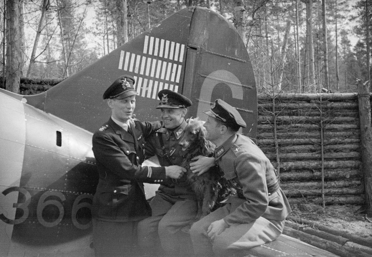 [呲牙笑]王牌飞行员的合影，3个人的战绩为69架——1943年，芬兰空军第24中